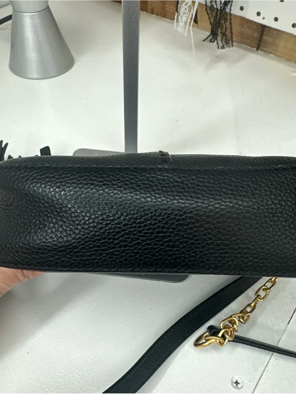 Tory Burch McGraw Crossbody tassle bag black pebbled leather Double T logo.